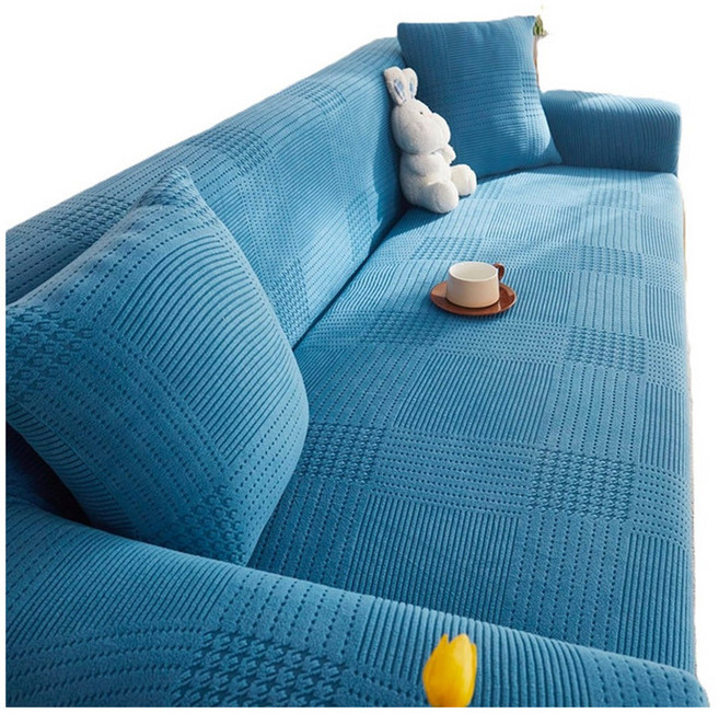 好物良品 輕奢格紋系列 防貓抓系列高彈力立體提花彈力沙發罩 贈抱枕套 + 泡棉條, 藍色, 1件