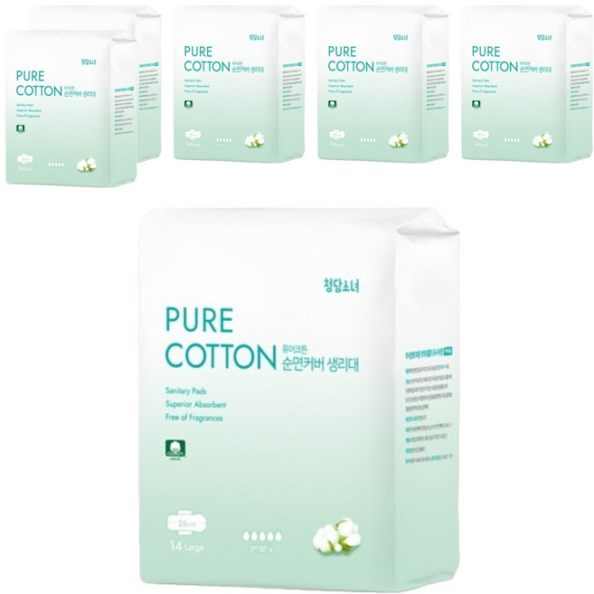 청담소녀 퓨어코튼 순면 생리대 날개형, 6개, 14개입, 대형