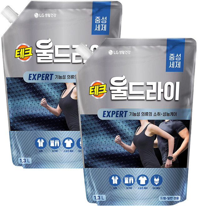 테크 울드라이 중성세제 엑스퍼트 액상세제 리필, 1.3L, 2개