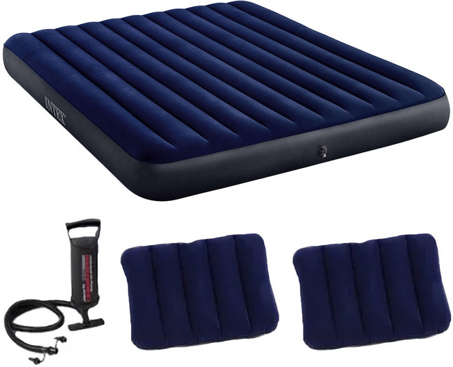 INTEX 經典雙人加大 Fiber-Tech 充氣床墊套裝 附手壓幫浦 + 充氣枕x2, 深藍色