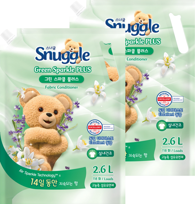 스너글 섬유유연제 그린 스파클 플러스 리필, 2.6L, 2개