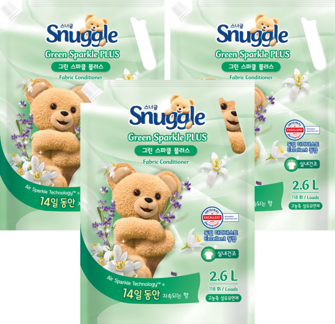 스너글 섬유유연제 그린 스파클 플러스 리필, 2.6L, 3개