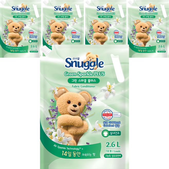 스너글 섬유유연제 그린 스파클 플러스 리필, 2.6L, 5개