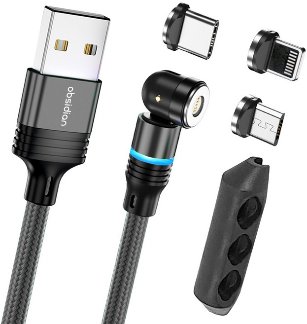 옵시디언 18W 3in1 꺾임 스윙 마그네틱 핸드폰 고속충전 데이터전송 USB케이블 패브릭, 블랙, 1m, 1개