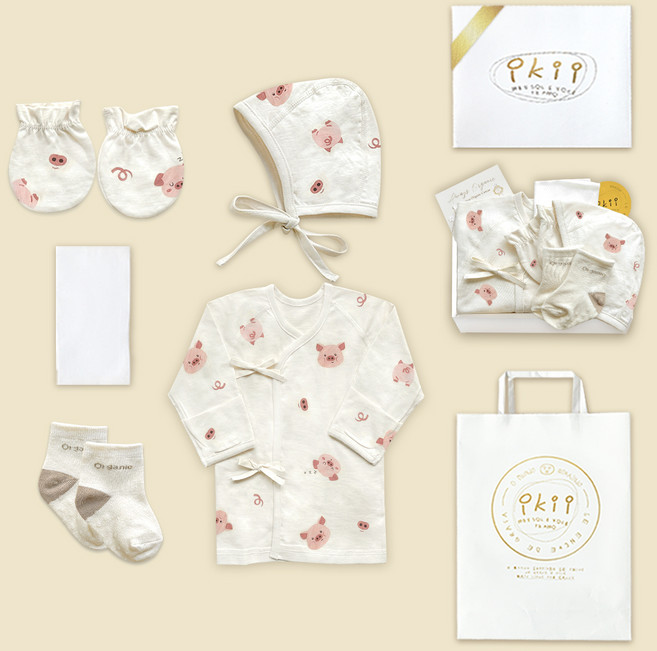 ikii 유아용 오가닉 배냇저고리 긴소매 5종 출산세트 포장 + 쇼핑백