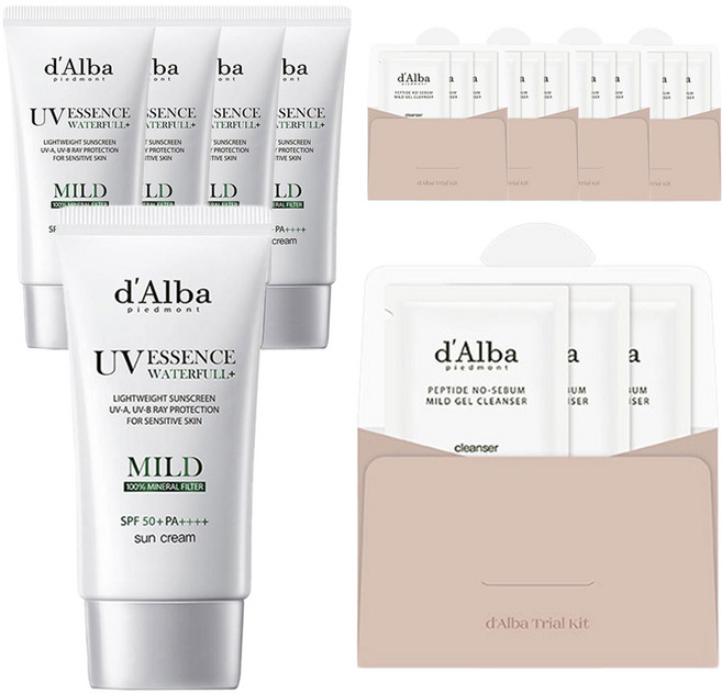 달바 비건 워터풀 마일드 선크림 SPF 50+ PA++++ 50ml + 약산성 젤클렌저 9ml 세트, 5개