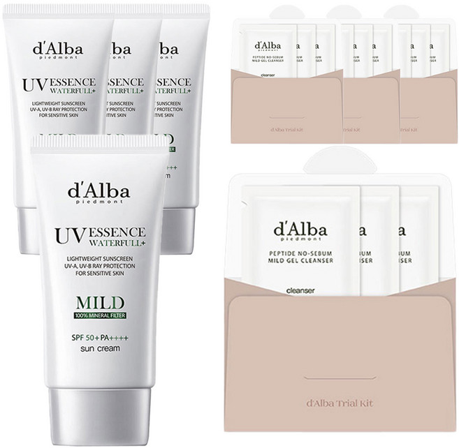 달바 비건 워터풀 마일드 선크림 SPF 50+ PA++++ 50ml + 약산성 젤클렌저 9ml 세트, 4개