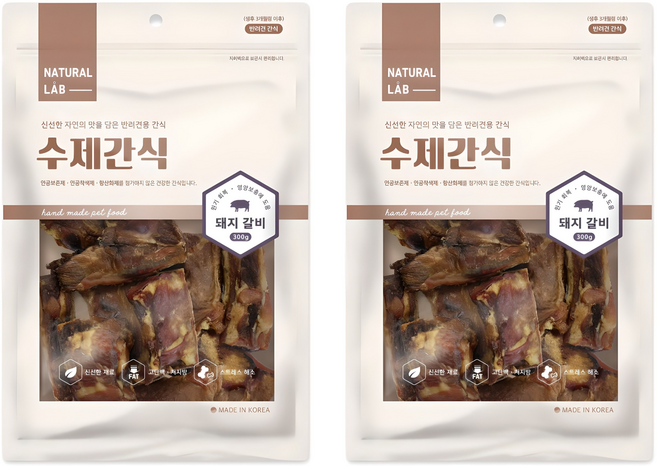 네츄럴랩 강아지 수제 건조간식, 돼지갈비, 300g, 2개