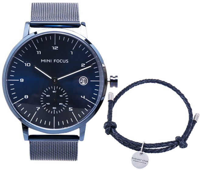 MINI FOCUS 中性帥氣大錶面明日之詩手錶真皮手環2件組 WKTL0303-VRS110