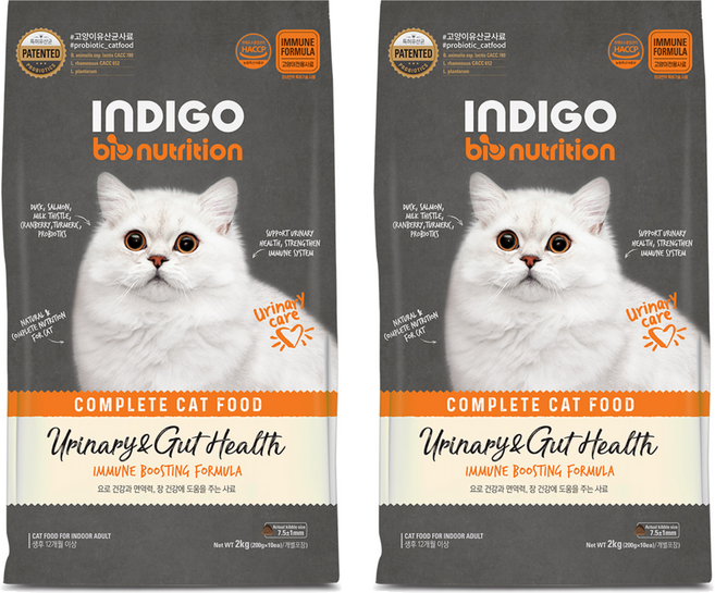 INDIGO 전연령 고양이 바이오뉴트리션 면역앤 기능성 사료, 유리너리+장건강, 2kg, 2개
