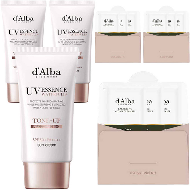 [비건뷰티] 달바 워터풀 톤업 선크림 SPF 50+ PA++++ 50ml + 밸런싱 비건 젤 클렌저 3ml x 3p 세트, 3개