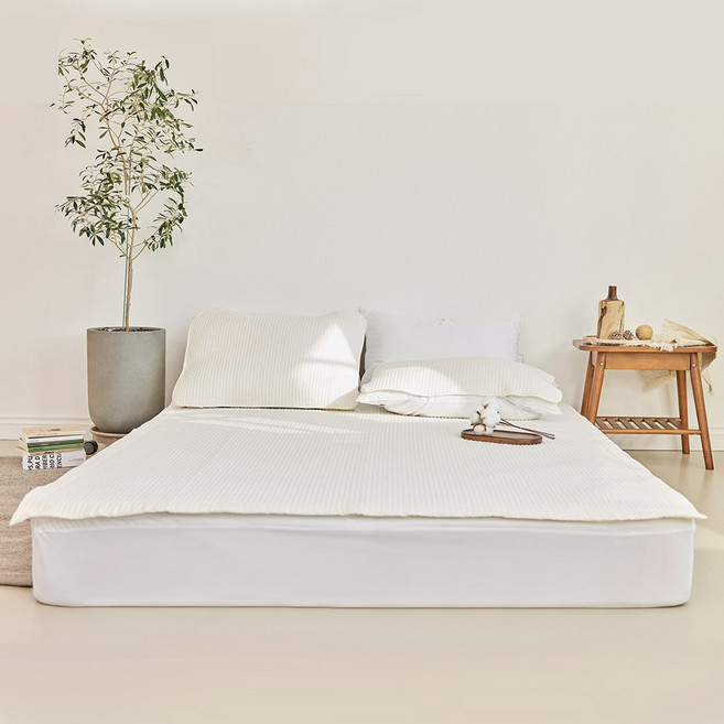리브맘 순면 피그먼트 매트리스 고정밴드 침대패드, 크림아이보리