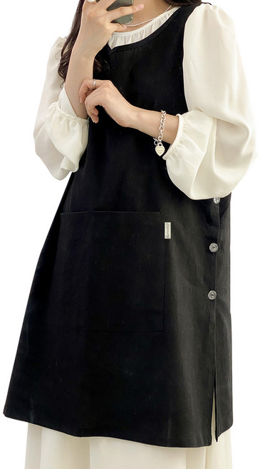 한스데이 국내 제조 단추형 트임 린넨 앞치마, 블랙, 1개