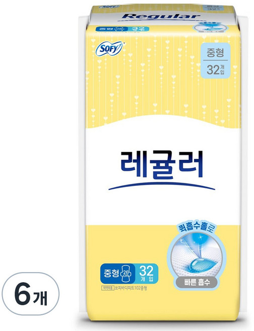 쏘피 바디피트 레귤러 생리대 날개형, 6팩, 32개입, 중형