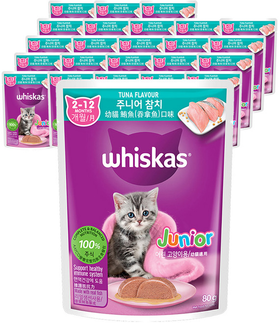 위스카스 주니어 고양이 주식 파우치, 참치, 80g, 24개