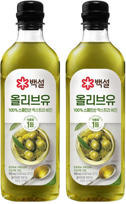 백설 엑스트라버진 압착 올리브유, 900ml, 2개