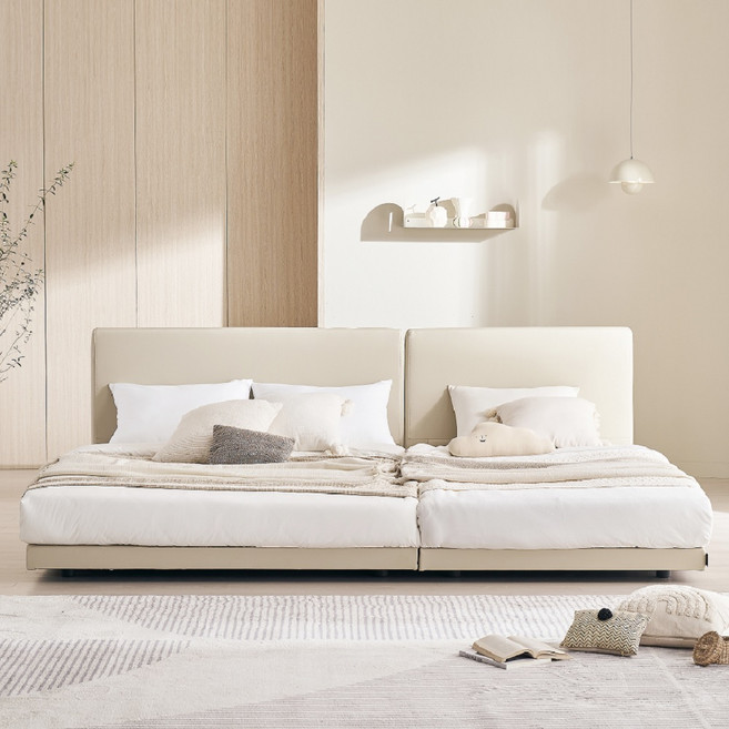 레이디가구 코쿤 슬림 저상형 패밀리 침대 Q + SS 프레임 + 또바기 포그니 20 매트리스2p 세트 방문설치, 연베이지(프레임), 크림베이지(매트리스)