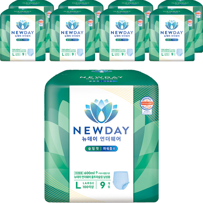 뉴데이 남성용 언더웨어 울트라슬림 성인기저귀, 대형, 9매입, 9세트