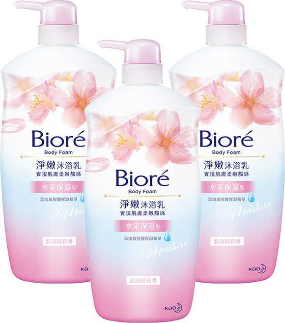 Biore 蜜妮 台灣公司貨 淨嫩沐浴乳 浪漫櫻花香 水采保濕型, 1kg, 3瓶