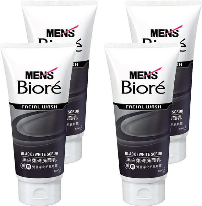 Men's Biore男性專用黑白柔珠洗面乳 深層清潔毛孔角質 古龍水時尚香, 100g, 4條