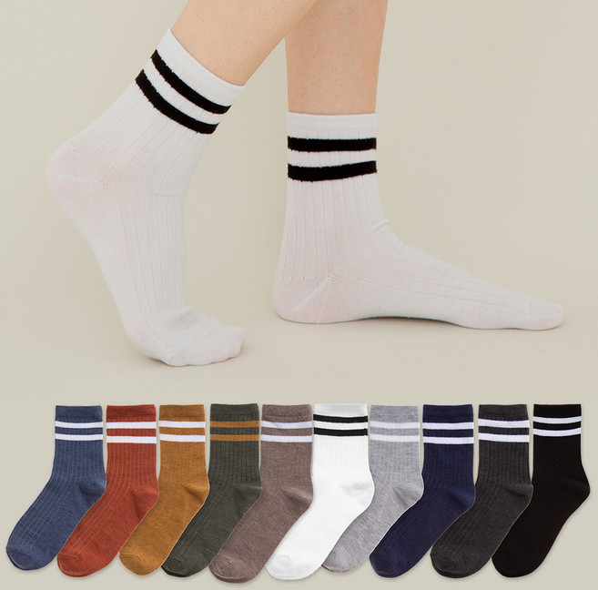 베이스알파에센셜 여성용 이지 라인 링글 중목 양말 10켤레