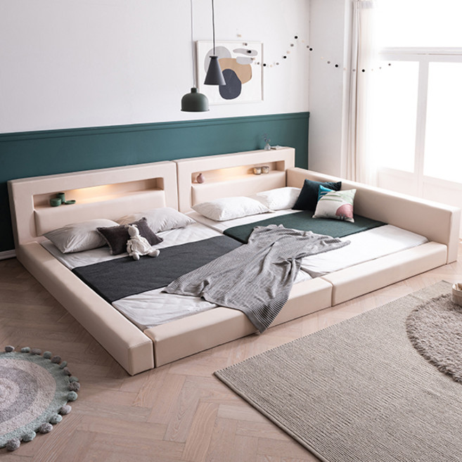 삼익가구 렉스 LED 밸런스 패밀리 가죽 침대 프레임 + 본넬스프링 매트리스2p 세트 방문설치, 아이보리