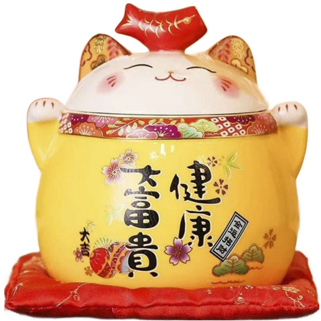 摩達客 春節開運 開運超招財貓密封罐糖果盒擺飾_黃色(贈坐墊)/聚寶盆收納好物, 黃色