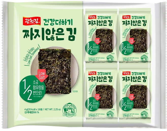 광천김 건강 더하기 짜지 않은 김, 4g, 16개
