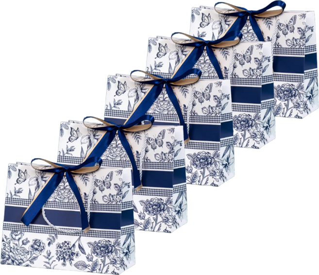 휴고잉 플라워 패턴 쇼핑백, 네이비라인, 5개