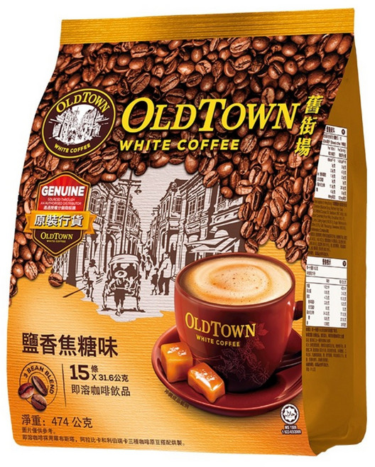 OLDTOWN WHITE COFFEE 舊街場白咖啡 3合1咖啡 鹽香焦糖味, 1袋, 15條, 31.6g
