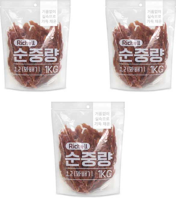 리첼 강아지 순중량 건조간식, 오리꽈배기, 1kg, 3개