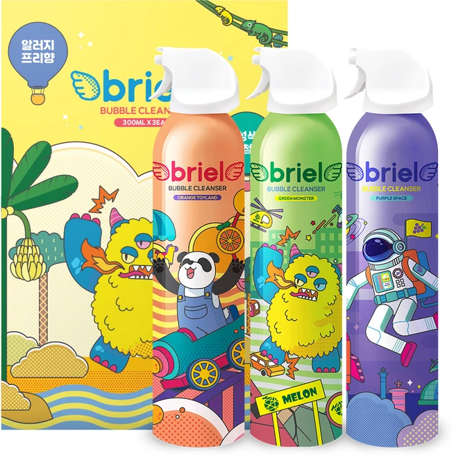 디보트브리엘 버블 클렌저 그린 몬스터 메론향 300ml + 오렌지 토이랜드 오렌지향 300ml + 퍼플 스페이스 포도향 300ml 세트, 1세트 - 쿠팡