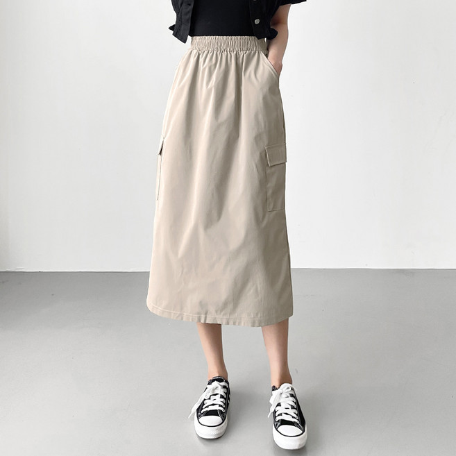 잘빠진 웨스트 바스락 카고 롱 스커트