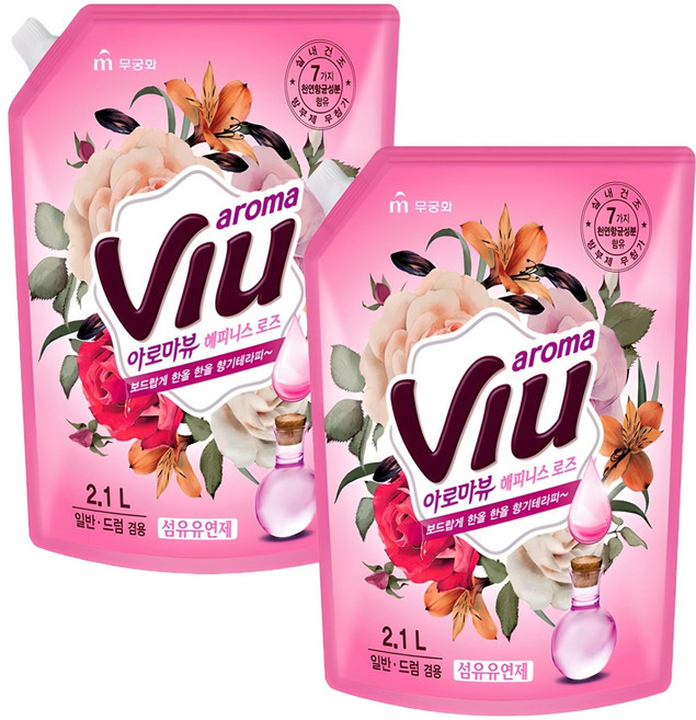 아로마뷰 섬유유연제 해피니스 로즈 리필, 2.1L, 2개