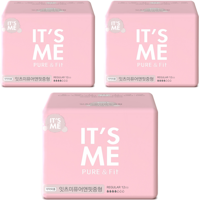 잇츠미 퓨어앤핏 생리대 날개형, 중형, 12개입, 3개