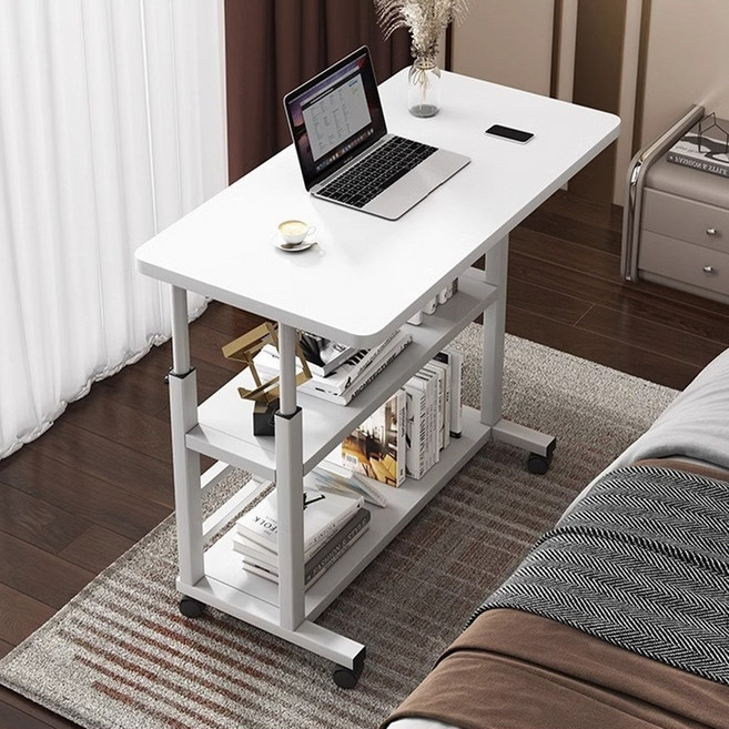 오브민 높이조절 이동식 3단 수납선반 사이드노트북 테이블, 화이트