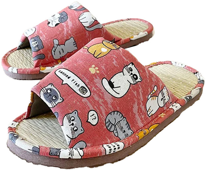 TAIWAN SLIPPER 台灣犀利趴 台灣製造 小日常 兒童真草蓆拖, 群聚貓咪 粉色, 1雙