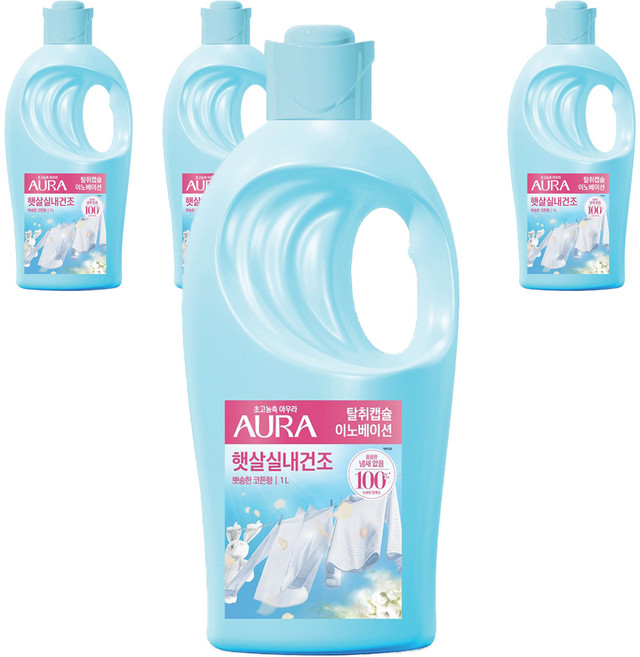 아우라 햇살실내건조 섬유유연제 뽀송한 코튼향 본품, 1L, 4개