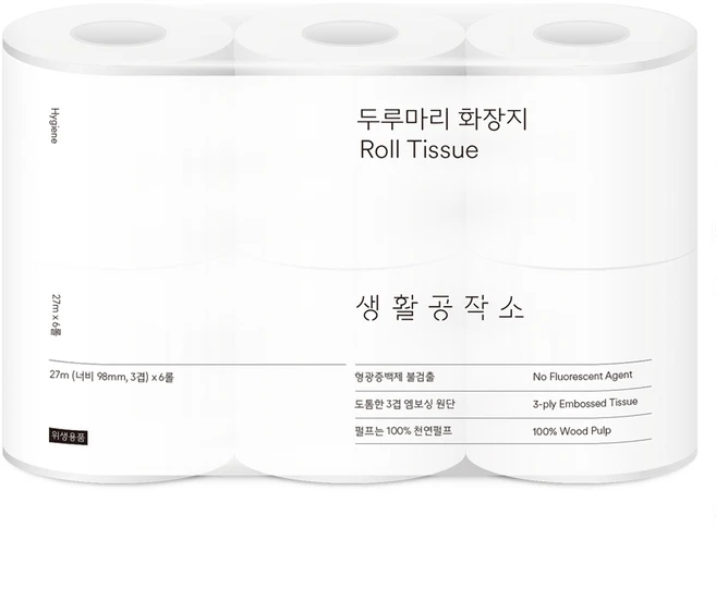 생활공작소 두루마리 천연펄프 3겹 고급롤화장지, 27m, 6개입, 1개 - 쿠팡