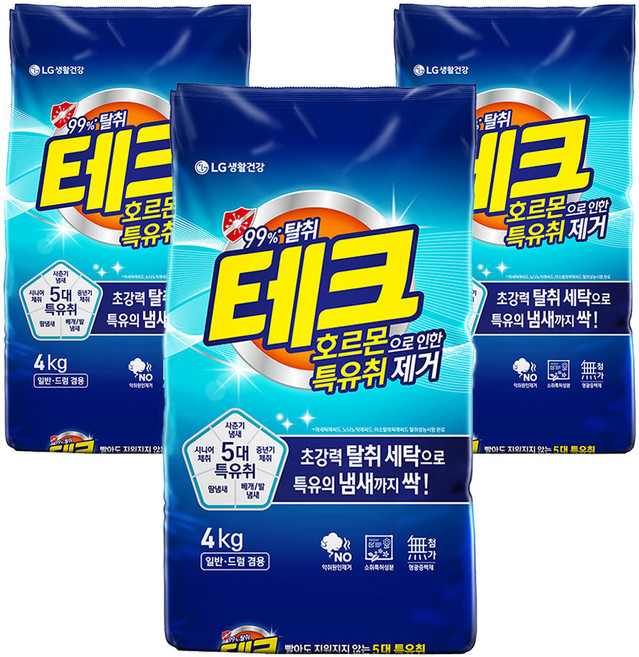 테크 호르몬으로 인한 특유취 제거 분말세제 리필, 4kg, 3개
