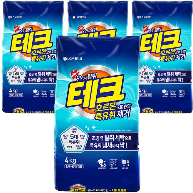 테크 호르몬으로 인한 특유취 제거 분말세제 리필, 4kg, 4개