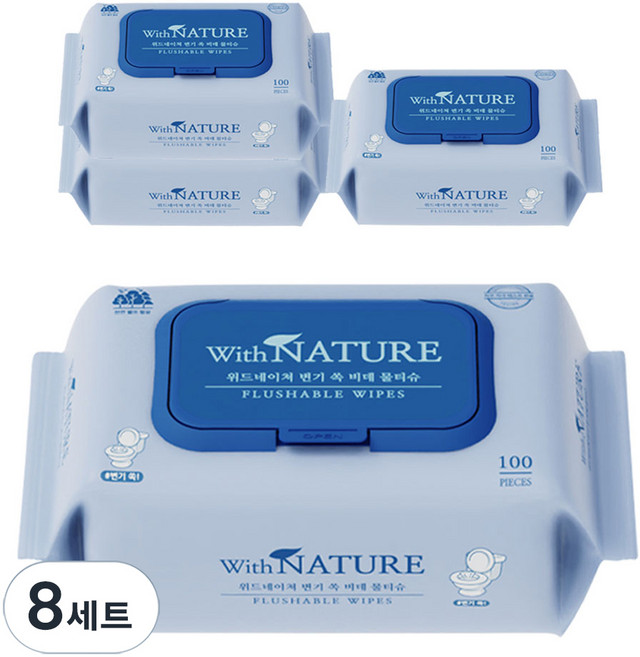 위드네이쳐 변기 쏙 비데 물티슈, 8개, 100매, 70g