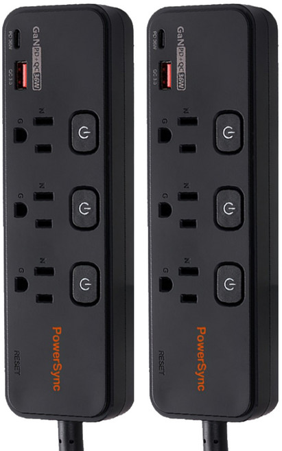 PowerSync 群加 4開3插防雷擊快充1A1C延長線 TK43Q018, 2條, 黑色, 1.8m