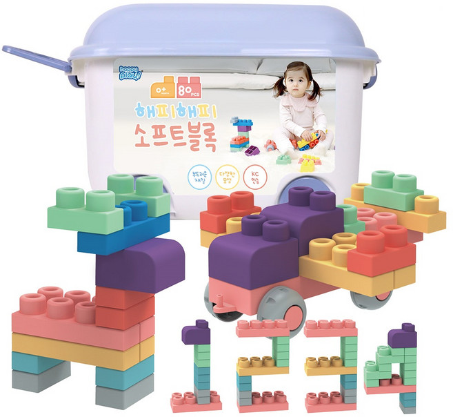 해피플레이 말랑 소프트 유아 블록 80p + 바스켓 정리함, 혼합색상, 1세트