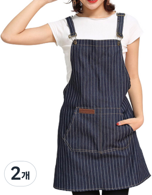 아리코 캥거루포켓 데님 앞치마, 스트라이프블루, 2개