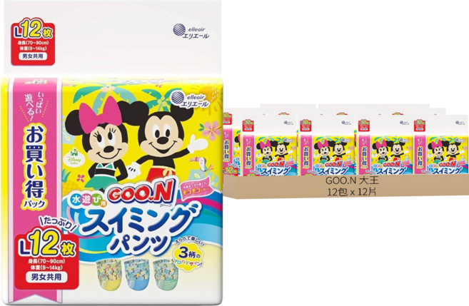 GOO.N 大王 日本境內版 米奇米妮款 戲水褲/尿布 男女適用, L, 144片
