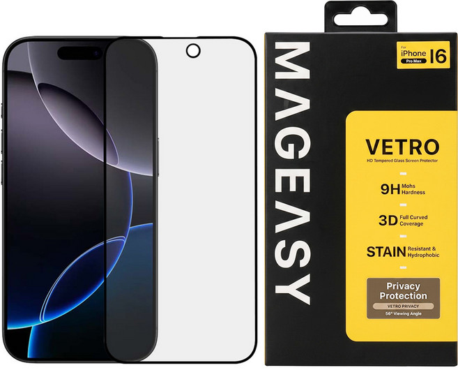 MAGEASY Vetro Privacy 鋼化玻璃保護膜 iPhone 16 Pro Max 防窺 9H 疏油疏水 黑色 1個