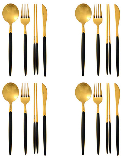 퀴드노비1979 4인 커트러리 4종 세트, 골드, 스푼4p + 포크4p + 젓가락4p + 나이프4p, 16개