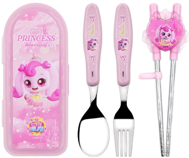 르번 프린세스 캐치티니핑 올인원 교정 젓가락 풀세트, 하츄핑, 스푼 + 포크 + 젓가락 + 케이스, 1세트