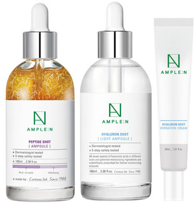 코리아나 앰플엔 펩타이드샷 앰플 대용량 100ml + 히알루론샷 라이트 앰플 대용량 100ml + 히알루론샷 수분 크림 30ml, 1세트